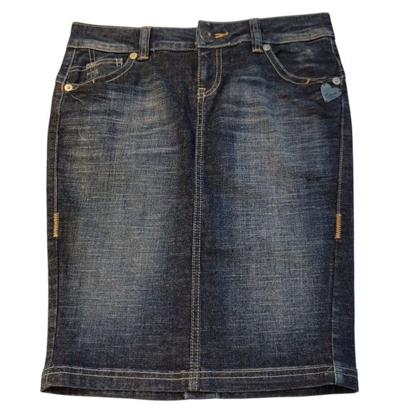 DKNY Jeans Denim Pencil Skirt Women's Size 9 Heart Coin Embroidered Y2K Vintage - Picture 1 of 12